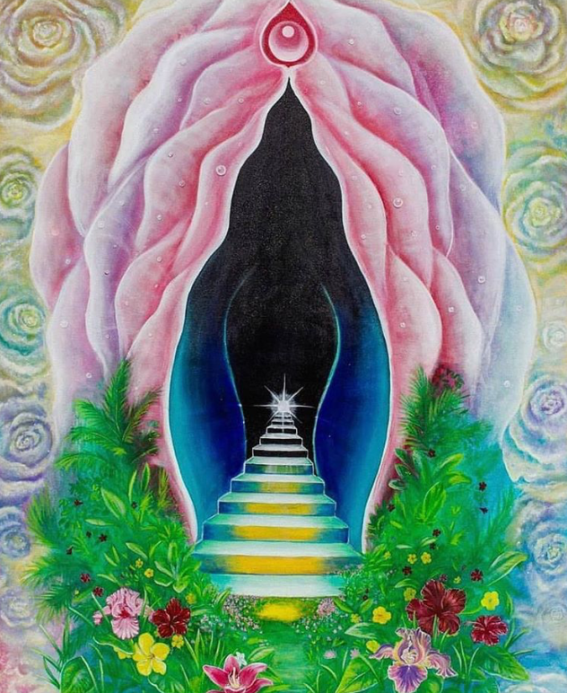 A stairway into a vagina with a light deep inside symbolizing healing sexual trauma with the yoni egg