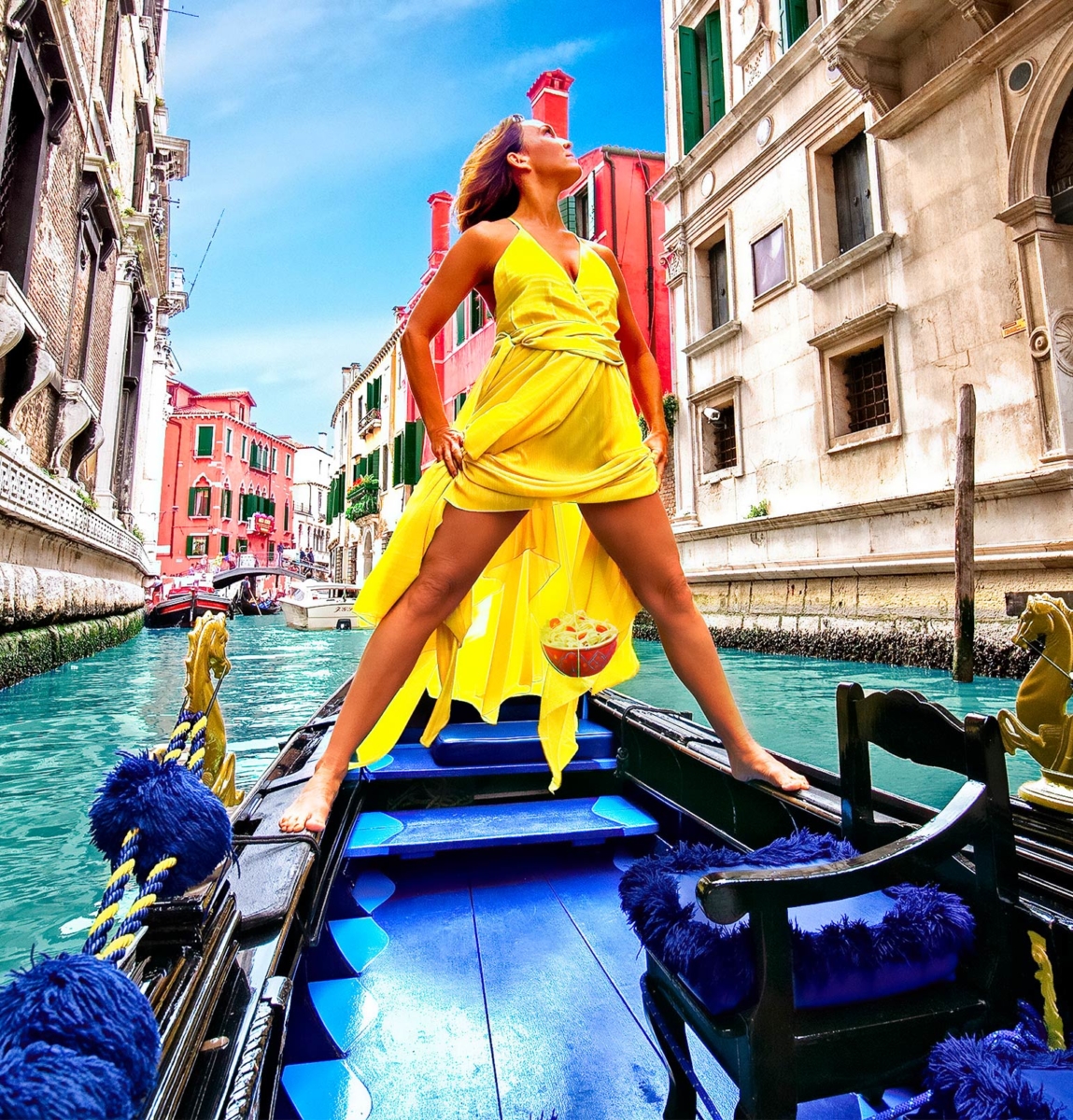 Woman standing in a gondola with her dress lifted symbolizing using her vagina as a compass to navigate.