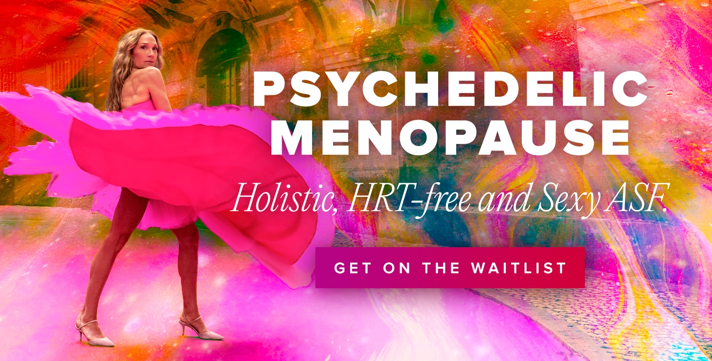Colourful image of Kim Anami with Psychedelic menopause waitlist information.
